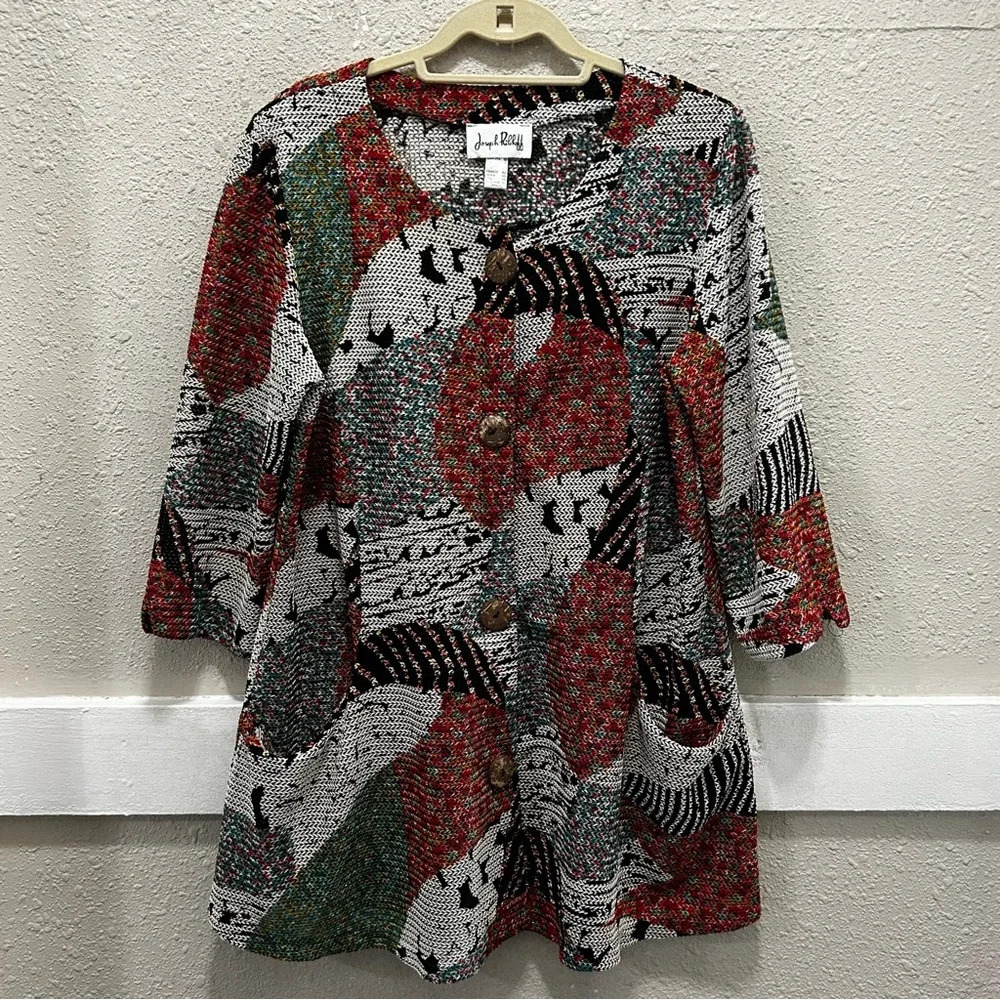 Joseph Ribkoff Multi Color Geometric Print Knit Button Down 3/4 Sleeve Top 12